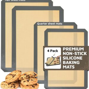 4 Pack Silicone Baking Mat Nonstick 2 Half and 2 Quarter Size - 1/4 Silicone Cookie Sheets for Baking Macaron Cookie Set of 2-2 Pack Thick Heavy Duty Reusable Mats Half Sheet for Kitchen Counter