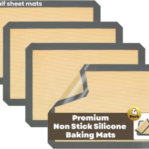 Silicone Baking Mats Half Sheet Non Stick for Oven Reusable 4 Pack - Thick Heavy Duty Silicone Baking Mat Cookie Sheet 1/2 Size for Macaron & Pastry - Half Size Rectangular Cooking Oven Liner Pad