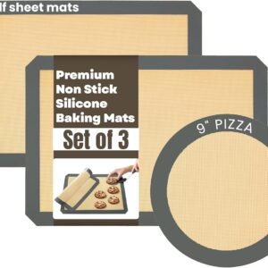2 Half Sheet Nonstick Silicone Baking Mats and Microwave Toaster Oven Pizza Mat Circle 9" - Thick Heavy Duty Silicone Baking Sheet Non Stick 1/2 for Macaron Cookie - 3 Pack Reusable Cooking Pads